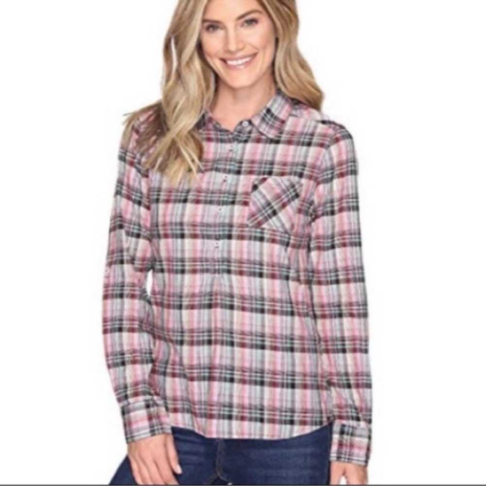 NWT Prana Gina Button Down Plaid Top Size M Wild Orchid Roll Tab